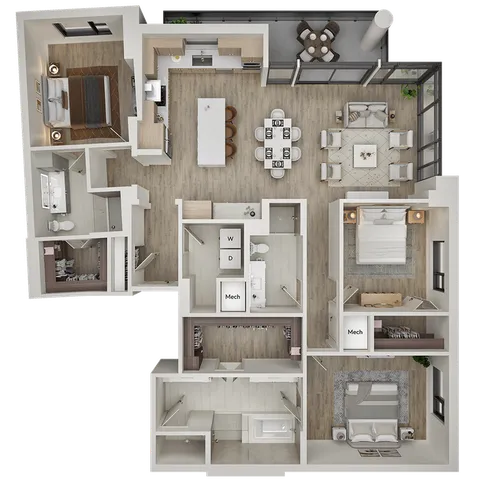 Luxurious 3-bedroom floor plan showcasing an expansive open-concept living space, modern kitchen with island, and stylish balcony area.
