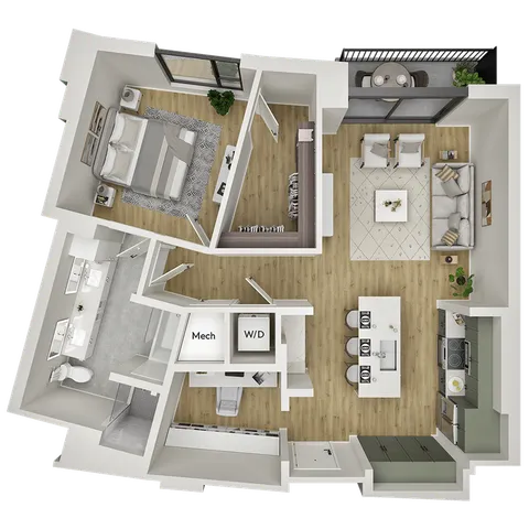 Modern floor plan showcasing an open-concept living area, chic kitchen with island, spacious bedroom, and stylish bathroom. Includes a balcony and in-unit laundry.