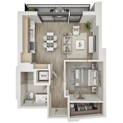 Modern 2D floor plan showcasing 1 bedroom, open-concept living and dining area, sleek kitchen, and balcony with stylish interiors.