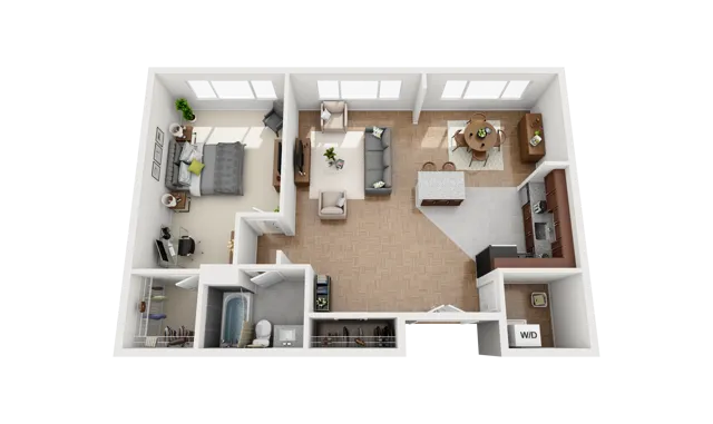 Floor Plan Layout for One Bedroom One Bathroom Apartment at the Falls at Roland Park in Baltimore, Maryland