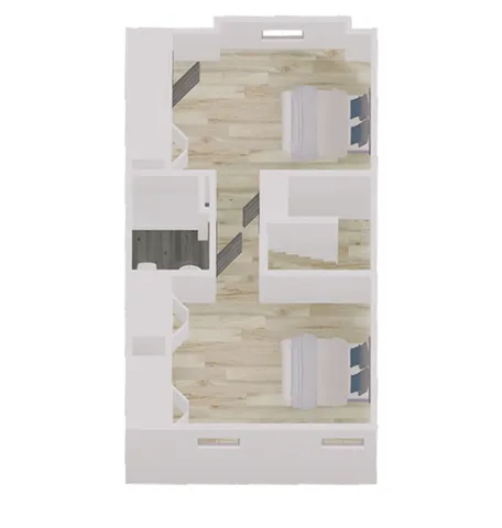 Charming 2D floor plan showcasing a cozy layout with two inviting bedrooms, modern design, and beautifully finished wood flooring.