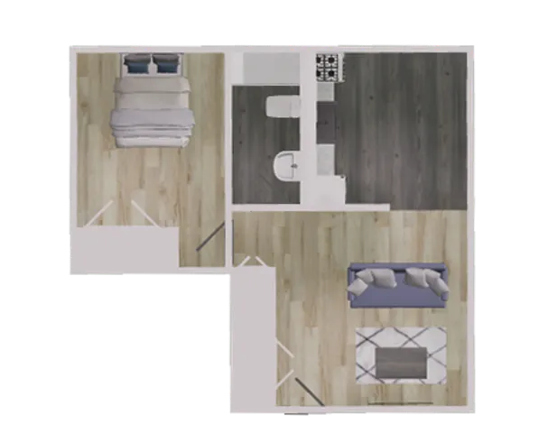 Modern floor plan showcasing a cozy bedroom, stylish bathroom, and inviting living area with hardwood flooring.
