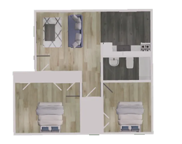 Modern floor plan featuring 2 cozy bedrooms, elegant open living area, and a chic compact kitchen.