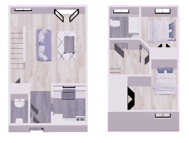 Chic two-floor apartment layout featuring an open-concept living area, stylish modern kitchen, and two cozy bedrooms, perfect for contemporary living.