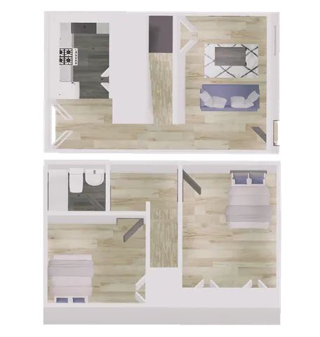 Modern 2D floor plan featuring two cozy bedrooms, a sleek kitchen, and a comfortable living room with stylish furnishings.