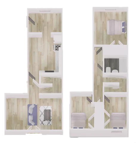 Elegant two-level floor plan featuring a spacious open-concept living room, sleek kitchen, two cozy bedrooms, and a modern bathroom layout.