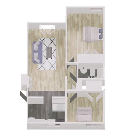 Modern 2D floor plan featuring 2 cozy bedrooms, a stylish open-plan living room, and a compact bathroom.