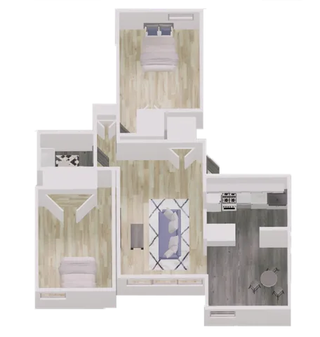 Contemporary 3D floor plan featuring 2 cozy bedrooms, a stylish living area, and a modern kitchen with dining space.