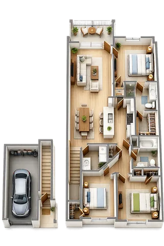 Elegant 3D floor plan featuring 3 bedrooms, spacious living room, modern kitchen, stylish dining area, and private garage.