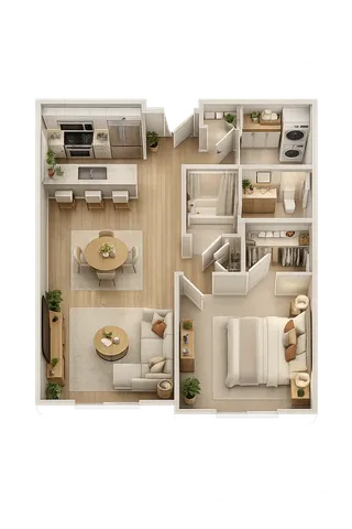 Charming 3D floor plan showcasing a single-bedroom apartment with a modern kitchen, inviting living area, and convenient in-unit laundry.