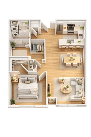 Modern open-concept floor plan featuring 1 bedroom, cozy living room, gourmet kitchen with island, and stylish dining area.