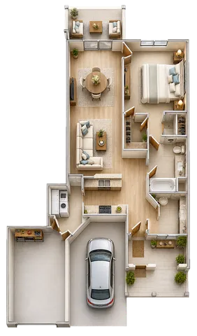 Elegant 2D floor plan featuring a spacious bedroom, modern kitchen, cozy living area, and convenient garage with a car.