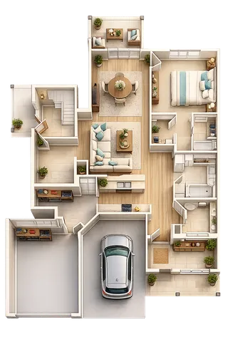 Elegant floor plan showcasing a modern layout with one spacious bedroom, cozy living area, stylish dining space, garage, and lush indoor plants.