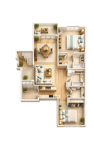 Chic 3D floor plan showcasing two cozy bedrooms, an inviting open-concept living and dining area, and a modern kitchen with ample storage.