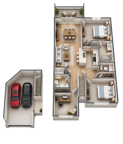 Elegant 3D floor plan showcasing two-bedroom apartment with open-concept living area, modern kitchen, two bathrooms, a cozy study, and a two-car garage.