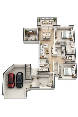 Elegant 3D floor plan featuring three bedrooms, a modern open-concept living area, spacious kitchen, home office, dual garages, and cozy outdoor patio.