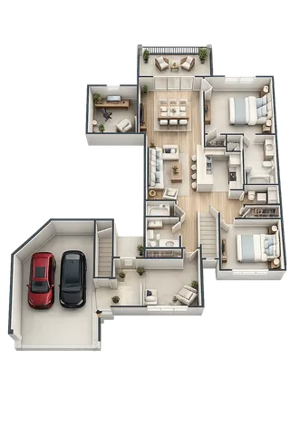 Modern 3D floor plan showcasing 3 bedrooms, a cozy living area, open kitchen, stylish dining space, and dual car garage.