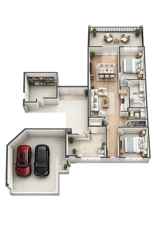 Modern 3D floor plan showcasing a stylish apartment with two bedrooms, an open-plan living and dining area, a spacious kitchen, and a double garage.