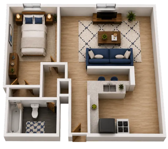 Modern 1-bedroom apartment floor plan with cozy living area, stylish kitchen, and inviting bathroom.