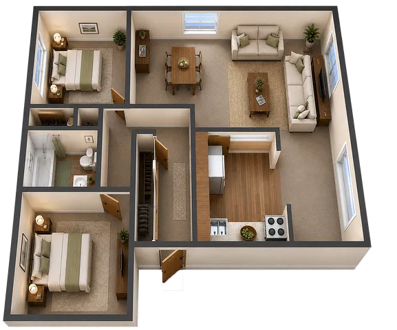 Charming 3D floor plan with two cozy bedrooms, inviting living room, modern kitchen, and elegant dining area, perfect for comfortable living.