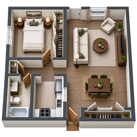 Modern 1-bedroom apartment floor plan with spacious living room and dining area, functional kitchen, and elegant bathroom.