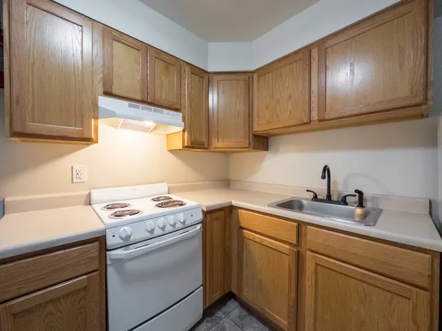 kitchen with range and hood, wood cabinets