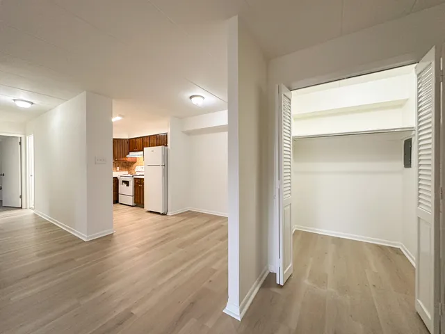 Bright apartment space featuring an open kitchen with wooden cabinets and spacious walk-in closet, showcasing modern flooring and neutral tones.