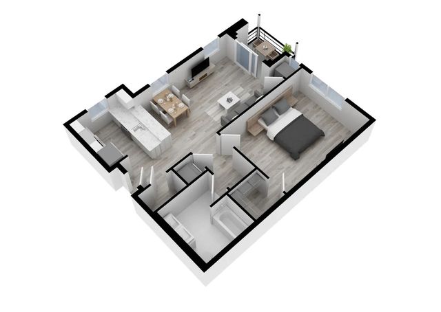 Modern 3D apartment floor plan showcasing a spacious one-bedroom layout with open-concept kitchen and dining area, stylish living room with balcony, and sleek bathroom design.