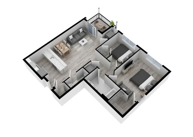 Modern 3D floor plan showcasing two bedrooms, an open living space with dining area, and a sleek kitchen design, featuring a cozy balcony.