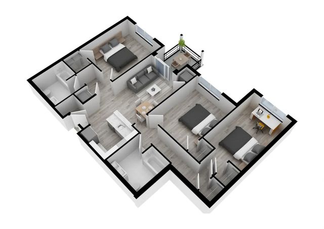 Chic 3D floor plan showcasing 2 cozy bedrooms, spacious living area, modern kitchen, and private balcony.
