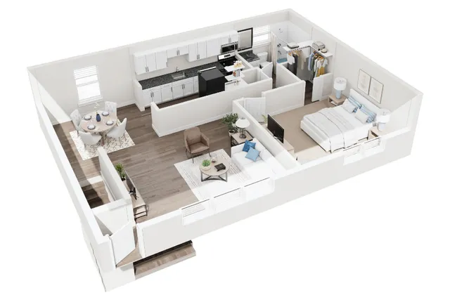 Modern 3D apartment floor plan showcasing a cozy bedroom, sleek kitchen, and elegant living space with stylish dining area.