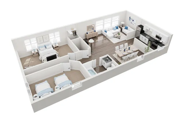 Modern 3D floor plan featuring two cozy bedrooms, a stylish open-concept living and dining area, and a sleek kitchen with contemporary fittings.