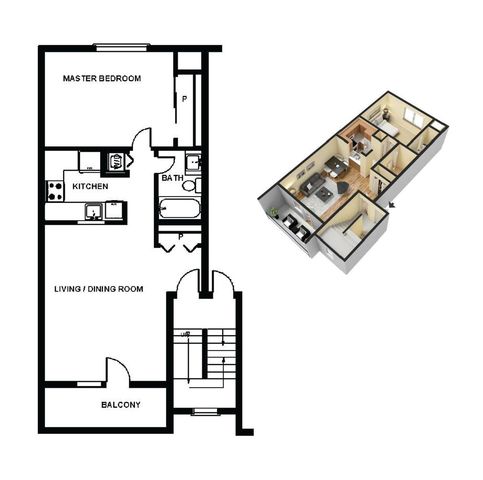 Charming floor plan displaying a spacious master bedroom, modern kitchen, inviting living/dining room, and private balcony.
