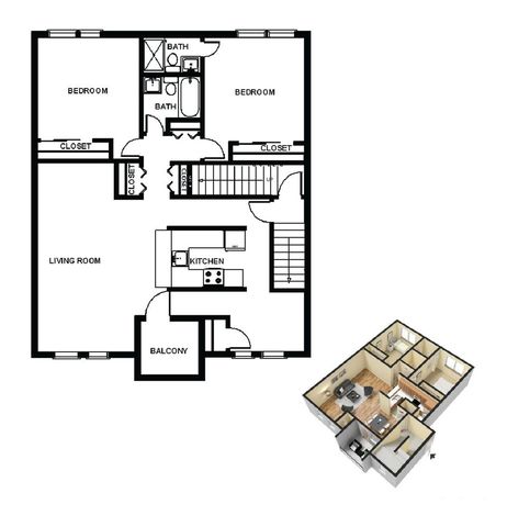 Modern floor plan showcasing 2 bedrooms, 2 baths, an open kitchen, spacious living room, and private balcony, complete with 3D layout.