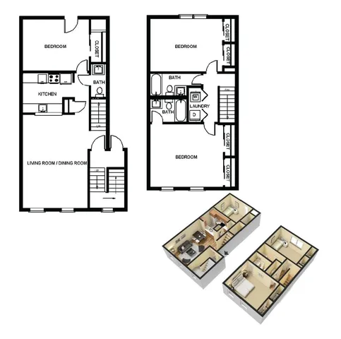 Inviting 3D and 2D floor plan showcasing a two-story apartment with three bedrooms, a modern kitchen, and open living/dining area. Includes convenient laundry space and ample storage with multiple closets.