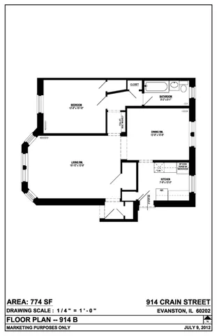 914 Crain 774 Square Foot One Bedroom Floor Plan.