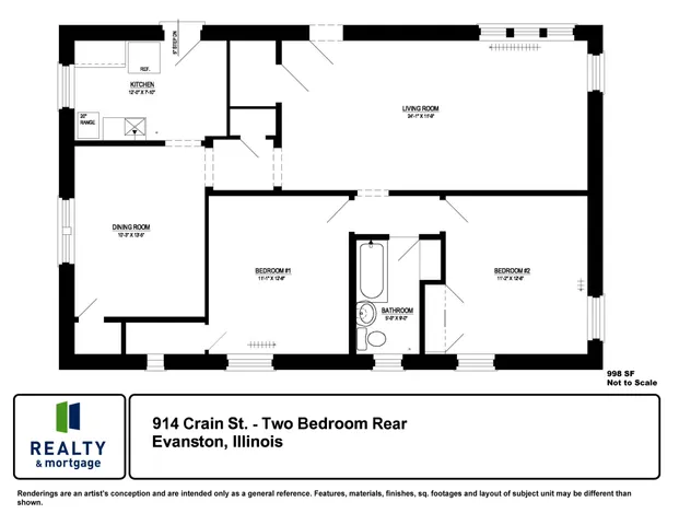 914 Crain 989 Square Foot Rear Two Bedroom Floor Plan.
