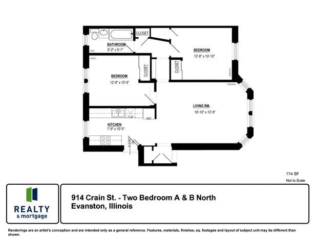 914 Crain 774 Square Foot Middle Two Bedroom Floor Plan.