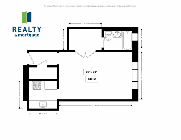1367 East 53rd Street Apartments 201 and 301 Studio Floor Plan - 430 Square Feet.