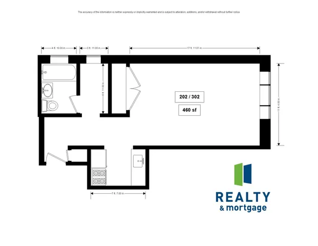 1367 East 53rd Street Apartments 202 and 302 Studio Floor Plan - 460 Square Feet.