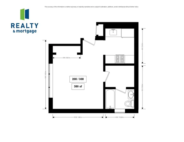 1367 East 53rd Street Apartments 208 and 308 Studio Floor Plan - 380 Square Feet.