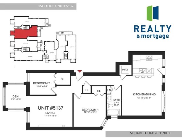 5137 South Ingleside 1,190 Square Foot First Floor Two Bedroom Floor Plan.