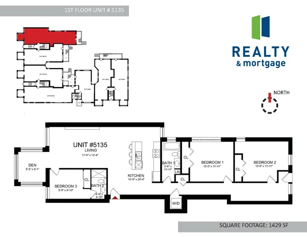5135 South Ingleside 1,429 Square Foot First Floor Three Bedroom Two Bathroom Floor Plan.
