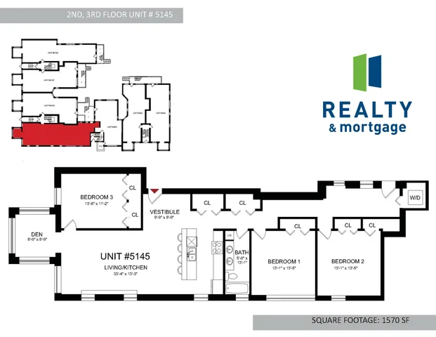 5145 South Ingleside Floors 2 and 3 Three Bedroom Floor Plan - 1,570 Square Feet.