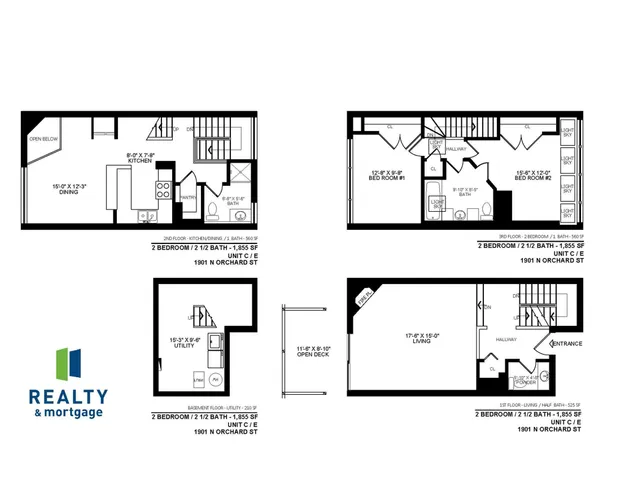 1901 North Orchard apartment E two bedroom 2.5 bathroom tri-plex floor plan - 1,855 square feet.
