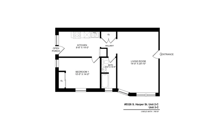 5326 South Harper Apartments 2C and 3C 740 Square Foot One Bedroom Floor Plan.