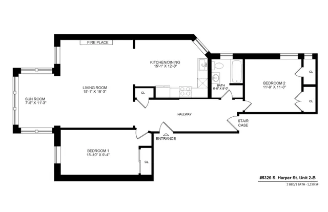 5326 South Harper Apartment 2B 1,250 Square Foot Two Bedroom Floor Plan.