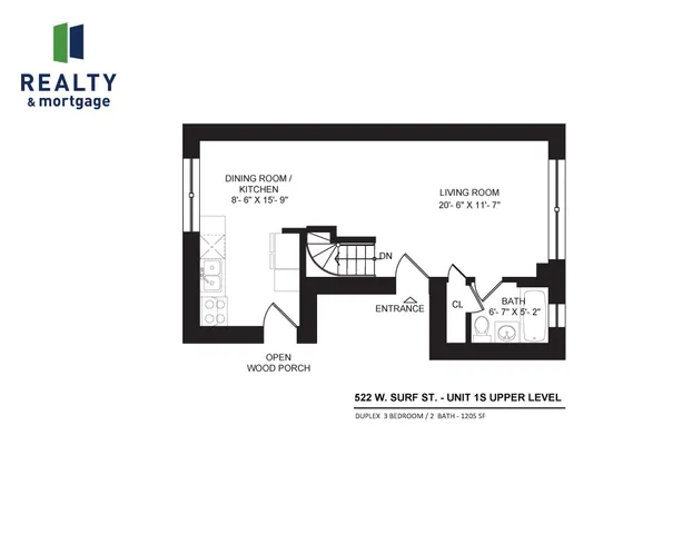 522 West Surf Apartment 1S Three Bedroom Upper Floor Plan.