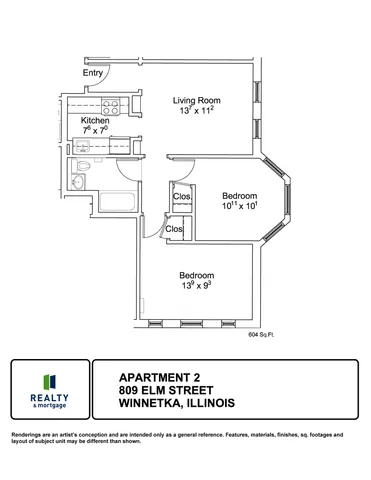 809 West Elm Apartment 2 Two Bedroom Floor Plan.