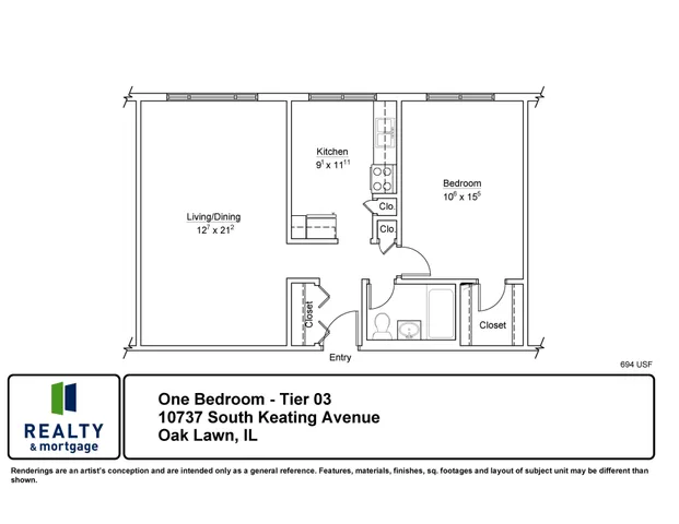 10737 South Keating Tier 3 One Bedroom Floor Plan.